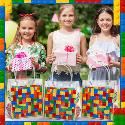 Teenyyou 24 Pcs Building Blocks Party Favors Bags Color Bricks PVC Clear Goodie Candy Treat Tote Gift Bags with Handles Building Blocks Theme Birthday Baby Shower Party Supplies