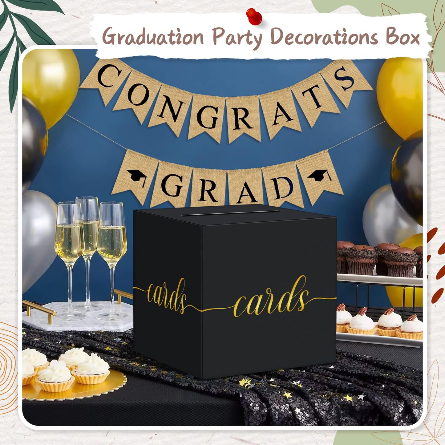 QIKSION Black Graduation Card Box, Gold Foil Gift Card Box for Party Decorations, Wedding Reception, Birthday, Baby & Bridal Shower, Anniversary, Retirement