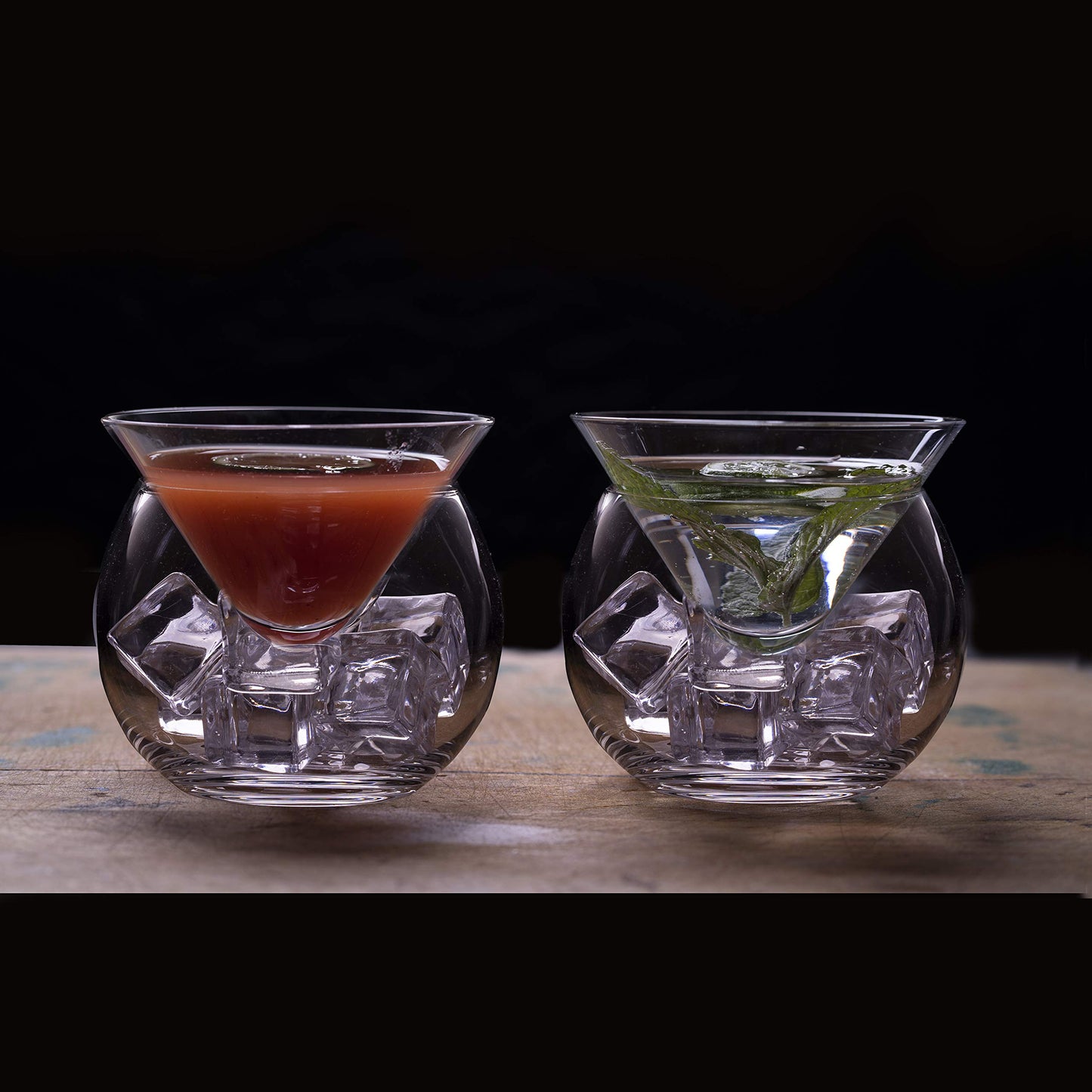 LEMONSODA Stemless Martini Glasses with Chiller - Elegant Cocktail Glass Set with Caviar Server Bowl - Beautiful Bar Martini Gift Set for Margarita, Cosmopolitan, Manhattan Cocktails (Set of 2)