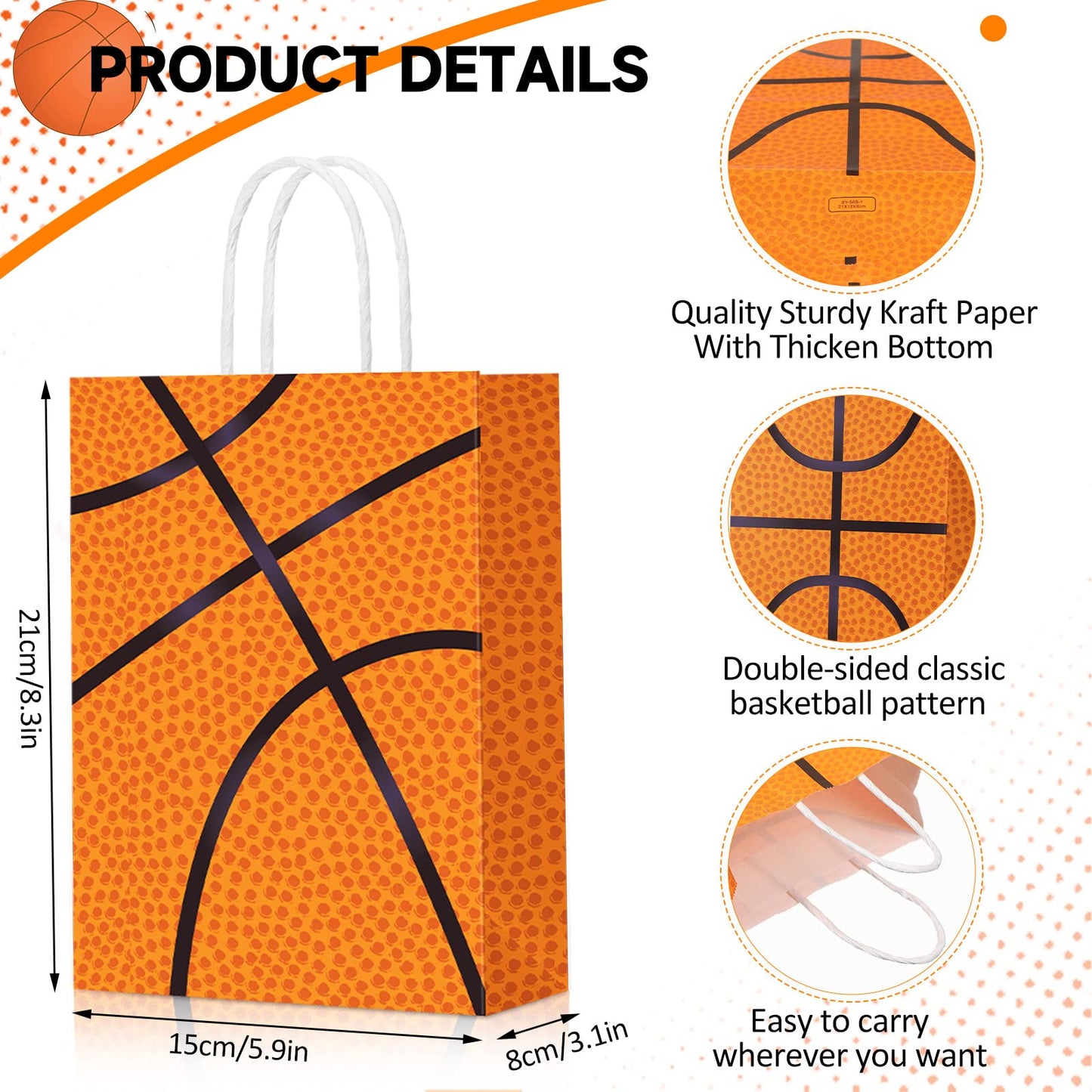 Leinuosen 30 Pcs Basketball Tennis Party Bags Baseball Tennis Gift Goodie Favor Treat Candy Goody Bags with Handle for Sports Theme Birthday Party Supplies (Basketball)