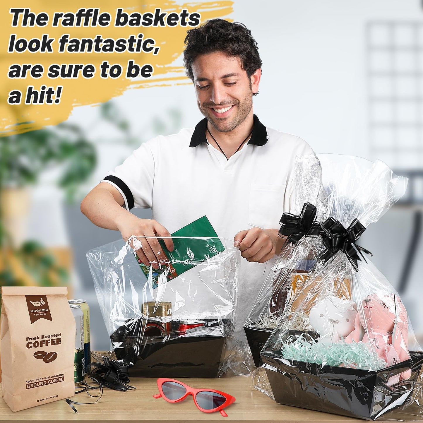 MADHOLLY 6 Set Baskets for Gifts Empty - Sturdy Kraft Graduation Gift Basket Kit with Cellophane Wrap Pull Bows for Men, Father’s Day, Career Promotion, Birthday Gift Wrapping, Black