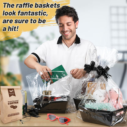 MADHOLLY 6 Set Baskets for Gifts Empty - Sturdy Kraft Graduation Gift Basket Kit with Cellophane Wrap Pull Bows for Men, Father’s Day, Career Promotion, Birthday Gift Wrapping, Black
