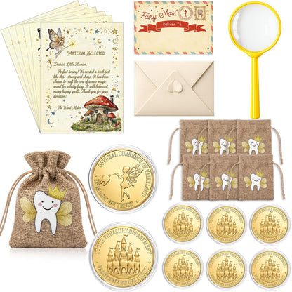 Kenning 25 Pcs Tooth Fairy Kit Gifts - Complete Lost Tooth Gift Set with Magical Letters, Gold Coin, Burlap Pouch, Envelope and Mini Magnifier, Keepsake for Lost Teeth