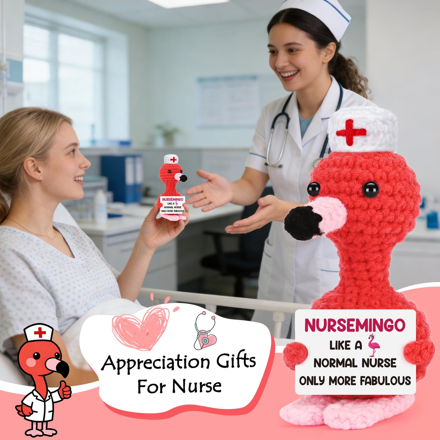 BdayPtion Nurses Appreciation Gifts for Women, Nurses Week Gifts for RN Thank You Gift for Practitioner LPN Nurse Graduation Gift for Nursing School Students Handmade Crochet Flamingo Presents