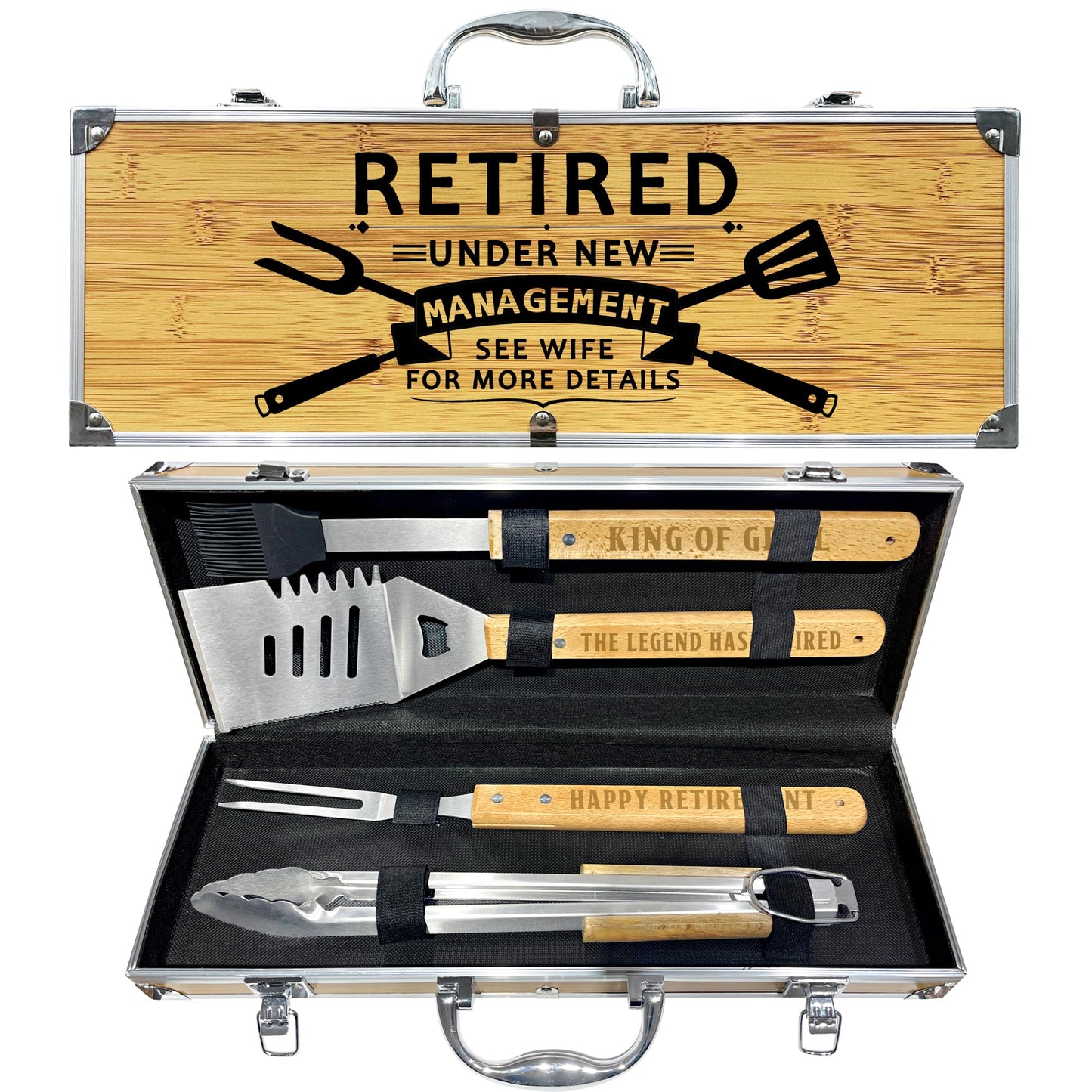 Retirement Gifts for Men, Retired Gift for Dad, Grandpa, Coworker, Retirees Heavy Duty Wooden BBQ Grill Accessories Kit, Thick Stainless Steel Grill Utensil with Non-Slip Handle Tools in Portable Box