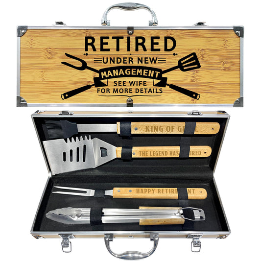 Retirement Gifts for Men, Retired Gift for Dad, Grandpa, Coworker, Retirees Heavy Duty Wooden BBQ Grill Accessories Kit, Thick Stainless Steel Grill Utensil with Non-Slip Handle Tools in Portable Box