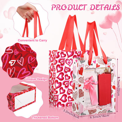 Frienda 12 Pcs Valentines Gift Bags Bulk Heart Goodie Bags with Clear Window and Handle Pink Red Happy Valentine's Day Paper Gift Wrap Love Tote Pouches for Party Favors Wedding Birthday Party