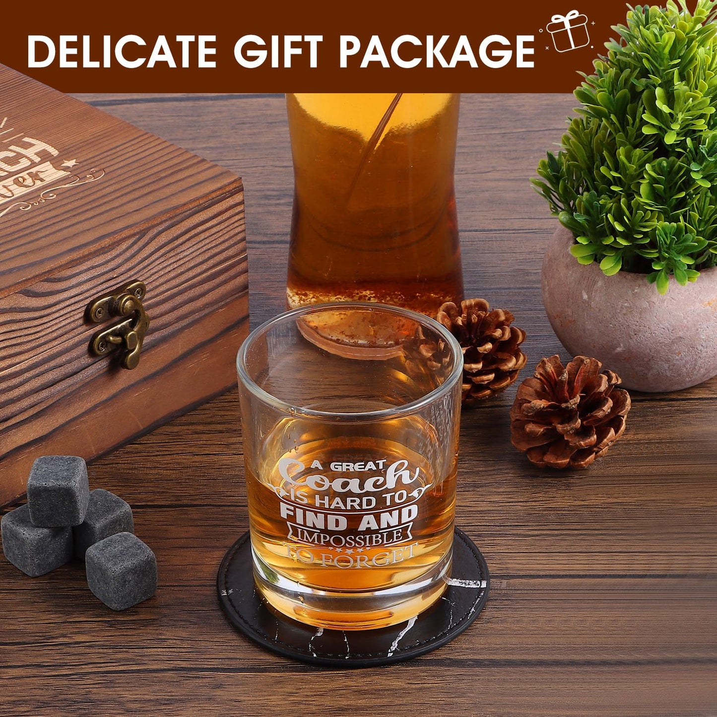 Whiskey Glass Gifts for Coaches, Best Coach Gift for Men, Thank You Gifts for Coaches with 12oz Whiskey Glasses, Stones, Coaster, Wooden Box for Baseball, Softball, Soccer, Basketball Coach