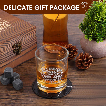 Whiskey Glass Gifts for Coaches, Best Coach Gift for Men, Thank You Gifts for Coaches with 12oz Whiskey Glasses, Stones, Coaster, Wooden Box for Baseball, Softball, Soccer, Basketball Coach