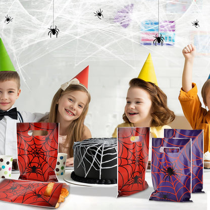Hooqict 50PCS Spider Web Goodie Bags Party Favors Plastic Spider Gift Bags with Handle Snack Goody Treat Candy Bag for Kids Boys Cartoon Birthday Party Decorations Supplies
