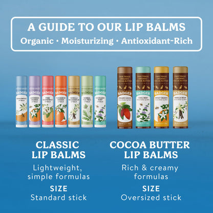 Badger Classic Organic Lip Balm Set - Yellow Box, Light Silky Long Lasting Lip Moisturizer Gift Set, All Natural Lip Balm Variety Pack Lip Set (Tangerine, Lavender Orange, Vanilla, Grapefruit), 4 pack