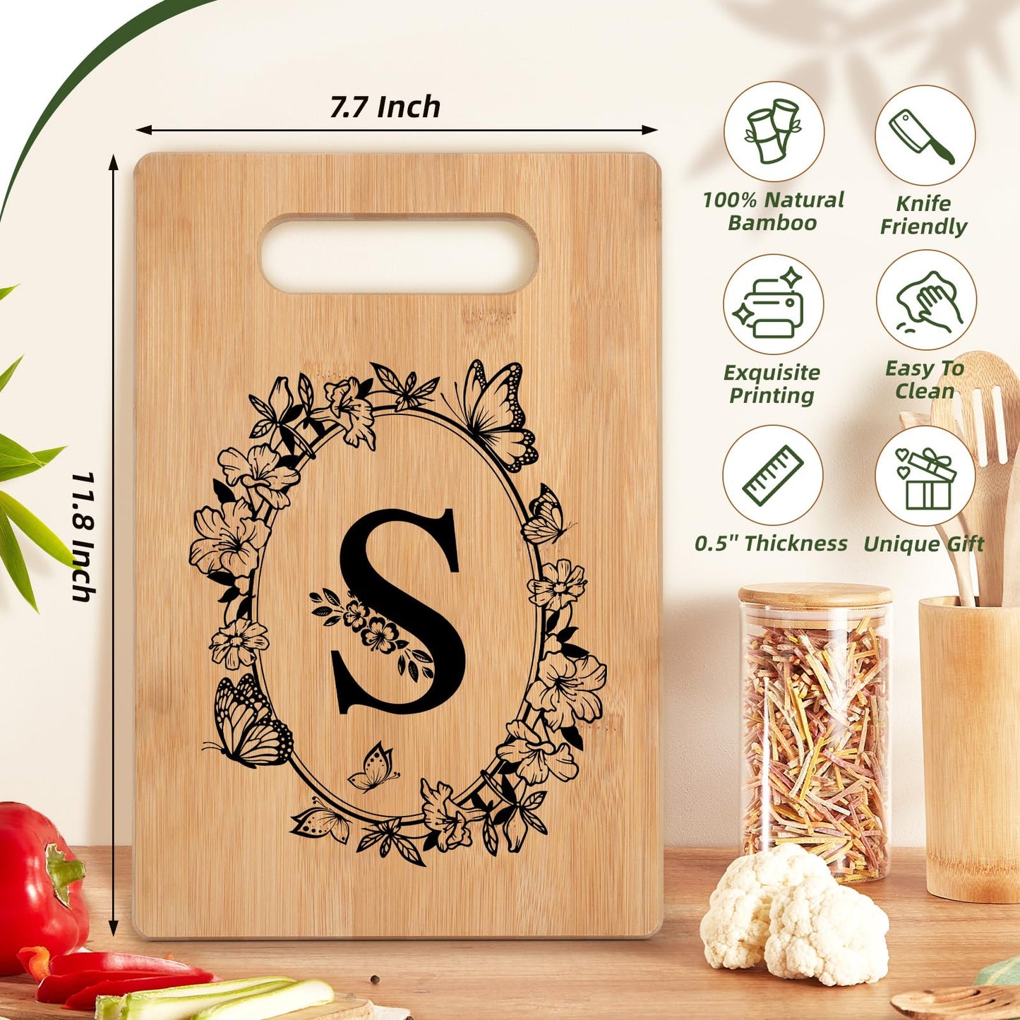 Personalized Cutting Board, Initial Christmas Birthday Gifts for Women Wedding Gifts for Couple, Monogrammed Gift for Women Sister Friend, Unique Gift for Christmas Anniversary Housewarming(Letter S)