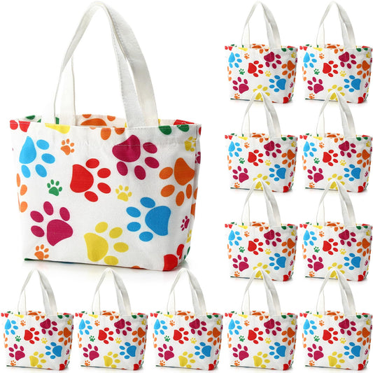 Dansydaisy 12 pcs Dog Paw Print Gift Bags Puppy Canvas Bags Pet Treat Bags 11.8 x 7.9 x 3.9 Inch Reusable Gift Goodie Bags for Puppy Pet Treat Birthday Party Supplies