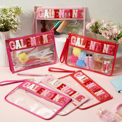 Shinylin 6 Pcs Galentine's Day Makeup Bags Gifts Bulk Chenille Letter Clear Zipper Pouch Waterproof Nylon Organizer for Women Girls Friends Ladies Valentine's Day Party Favors Decorations