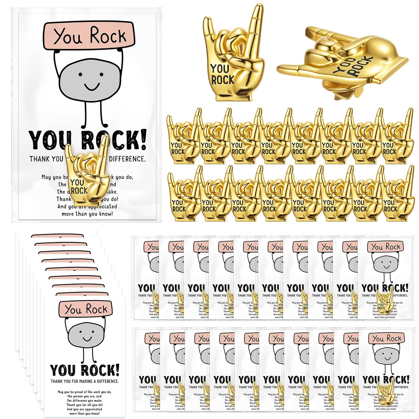 Zeyune You Rock Enamel Pins Employee Appreciation Gifts Bulk You Rock Gifts for Coworkers Office Staff Work Team Teacher Funny Employee of The Month Lapel Pin Thank Cards Bags