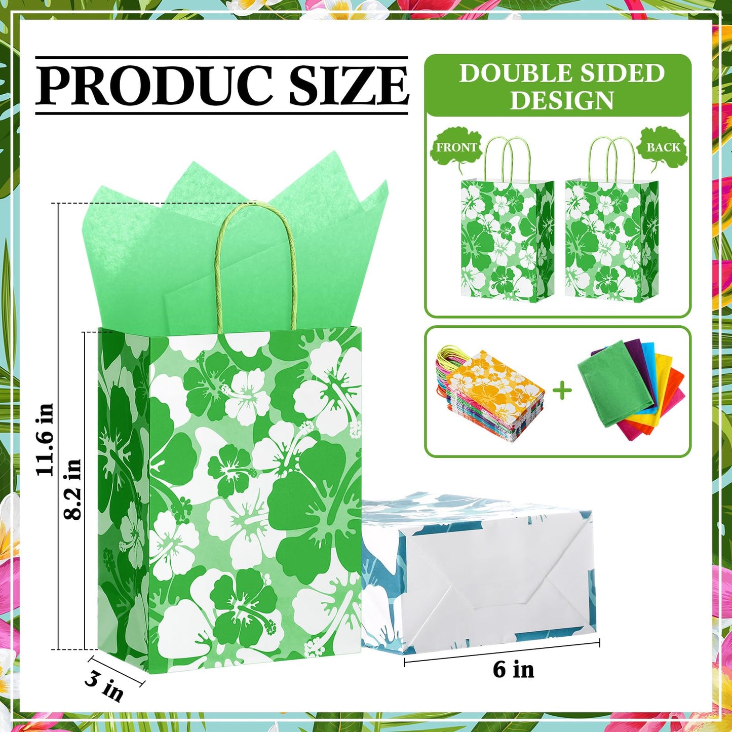 Teling 36 Set Hibiscus Party Favor Hawaiian Themed Paper Bag with Tissues Summer Tropical Gift Tiki Luau Treat Hawaii Goodie Bags with Handles Birthday Party Supplies Multicolor 8.3 x 6 x 3