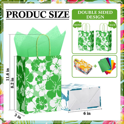Teling 36 Set Hibiscus Party Favor Hawaiian Themed Paper Bag with Tissues Summer Tropical Gift Tiki Luau Treat Hawaii Goodie Bags with Handles Birthday Party Supplies Multicolor 8.3 x 6 x 3