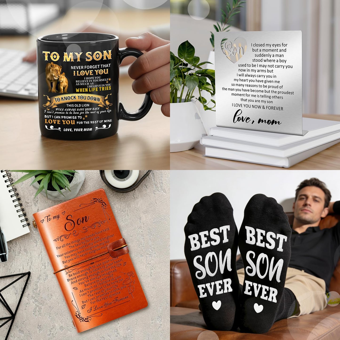 11 Pcs Son Gifts from Mom with 11 Oz Ceramic Cup, Leather Journal, Desk Decorative Sign, Socks, Tape Measure, Bracelet, Keychain for Birthday Graduation Father's Day Christmas Gift for Teens Adult