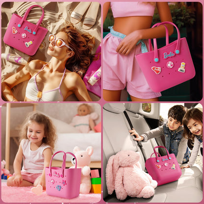 MINISO Barbie Tote Bag, Reusable Small Rubber Waterproof Bag, Cute Design Practical And Portable Handbag for Work Travel (ROSE)