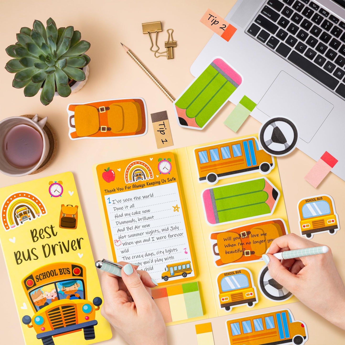Xqumoi Best Bus Driver Sticky Notes Set - School Bus Pencil Shaped Self-Stick Note Pads Teacher Appreciation Thank You Gift Writing Memo Pad Page Marker Back to School Office Party Favors Supplies