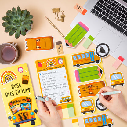 Xqumoi Best Bus Driver Sticky Notes Set - School Bus Pencil Shaped Self-Stick Note Pads Teacher Appreciation Thank You Gift Writing Memo Pad Page Marker Back to School Office Party Favors Supplies
