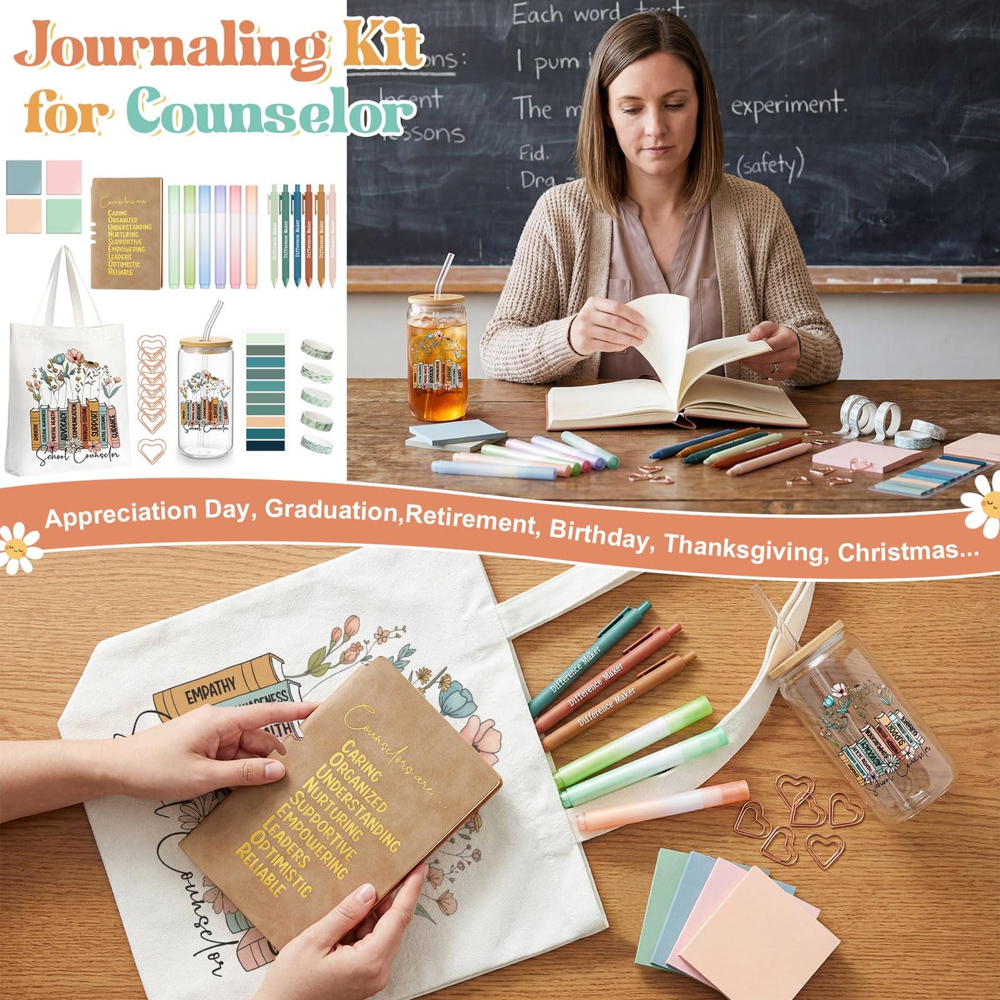Yungyan 35 Pcs School Counselor Must Have Appreciation Gift Set 16 oz Glass Cup Tote Bag Leather Notebook Ballpoint Pen Highlighter Sticky Note Paper Clip Thank You Gift for Counselor Teacher Educator