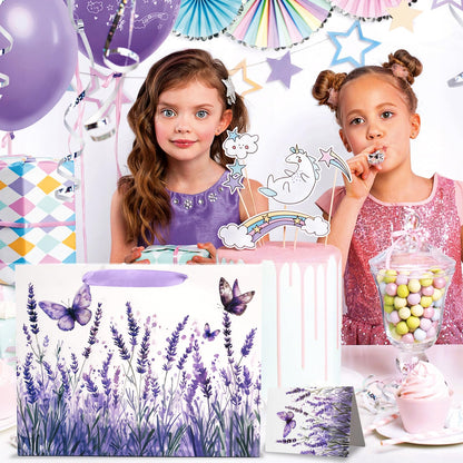 JOCOPUERTO Lavender Birthday Gift Bag - 13" Large Purple Butterfly Gift Bag with Tissue Paper and Card for Women Purple Themed Birthday Party Supplies