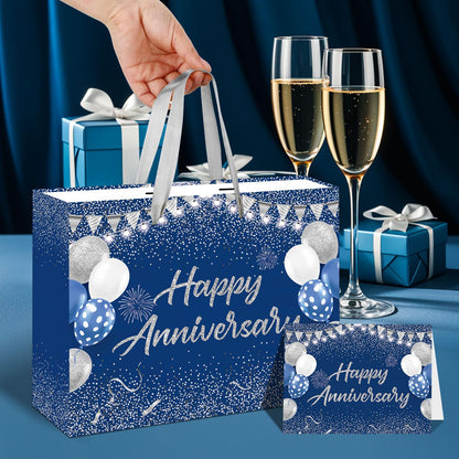 Blue Silver Party Gift Bag with Tissue Papers and Card, Wedding Paper Gift Wrapping Paper Bag11.8'' for Men Women Anniversary Party, Wedding Party Supplies