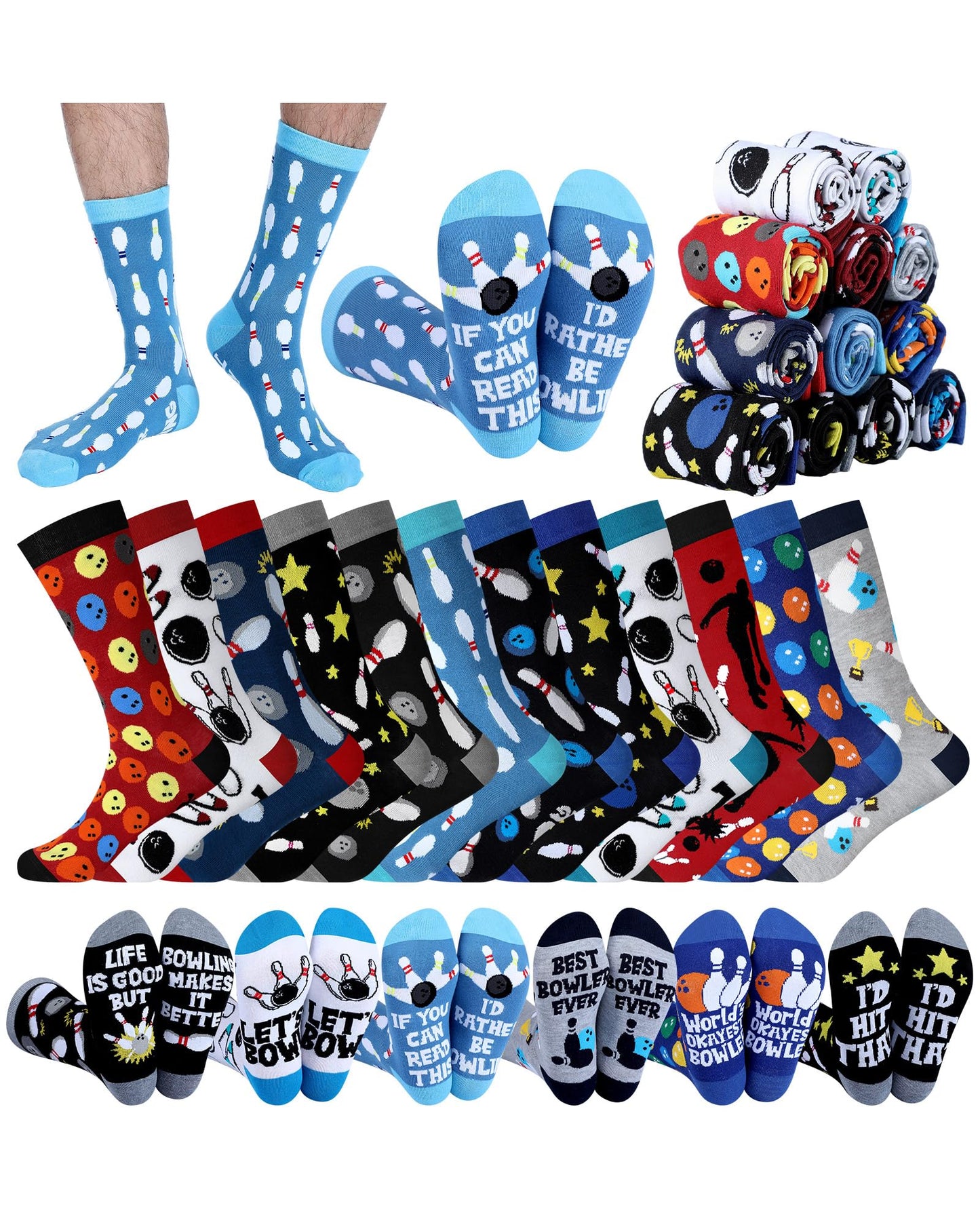 Patelai 12 Pairs Funny Bowling Socks for Men Novelty Sport Cotton Crew Socks Accessories for Bowling Lover Team Player Gifts