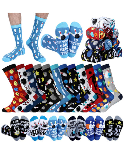 Patelai 12 Pairs Funny Bowling Socks for Men Novelty Sport Cotton Crew Socks Accessories for Bowling Lover Team Player Gifts