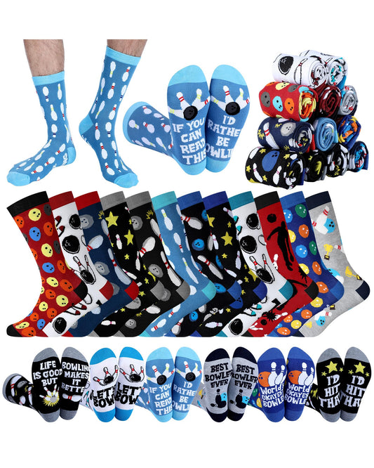 Patelai 12 Pairs Funny Bowling Socks for Men Novelty Sport Cotton Crew Socks Accessories for Bowling Lover Team Player Gifts