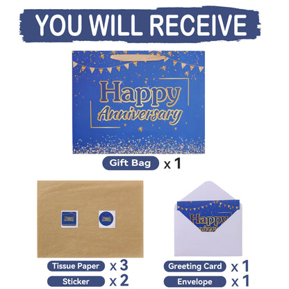 wishinside 16.5” Extra Large Anniversary Blue Gift Bag Set with Handles, Greeting Card, Tissue Papers and Stickers for Men Husband, for Anniversary Party, Wedding Party, 1 Pcs
