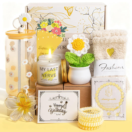 Birthday Gifts for Women Teen Girls, Unique Happy Graduation Gift Baskets for Her, Thank You Teacher Self Care Get Well Present Set, 14pcs Cute Daisy Box for Friend SisterGirlfriend Coworker(Yellow)