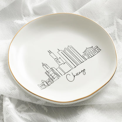 COLLECTIVE HOME - Skyline Jewelry Dish, Ceramic Trinket Dish, Landscape Jewelry Tray, Decorative City View Plate for Rings Earrings Necklaces Bracelet Watch Keys (Chicago)