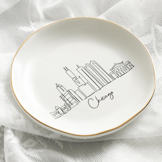 COLLECTIVE HOME - Skyline Jewelry Dish, Ceramic Trinket Dish, Landscape Jewelry Tray, Decorative City View Plate for Rings Earrings Necklaces Bracelet Watch Keys (Chicago)