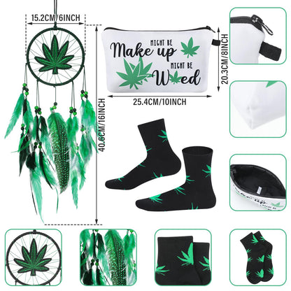 Wenqik 3 Pcs Green Leaf Gifts for Women, Friends, Mom, Green Enthusiasts Include Embroidery Dream Catcher, Makeup Zipper Bag, Stockings Cotton for Valentine Mind Birthday Christmas Party