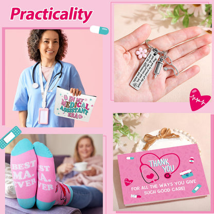 Skylety 9 Pcs Nurse Medical Assistants Gift Set for Women Trapezoid Grocery Canvas Tote Bags with Handle Glass Jar Tumbler Scented Candle Badge Reel Socks Novelty MA Nurse Week Appreciation Gift