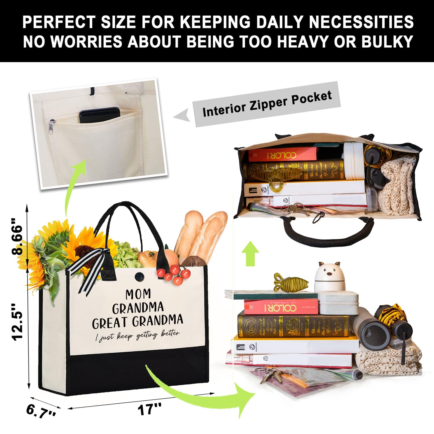 Great Grandma Gifts, Mothers Day Birthday Gifts for Grandma from Grandchildren, Functional Large Capacity Tote Bag, Mom Grandma Great Grandma Bag, Present for Grandmother, Grandparents