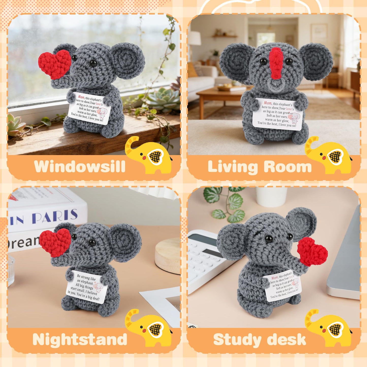 Positive Crochet Elephant Inspirational Christmas Birthday Gifts for Women Men Emotional Support Stocking Stuffers White Elephant Gifts Cute Decor for Mom Dad Daughter Sister Friend (Common)