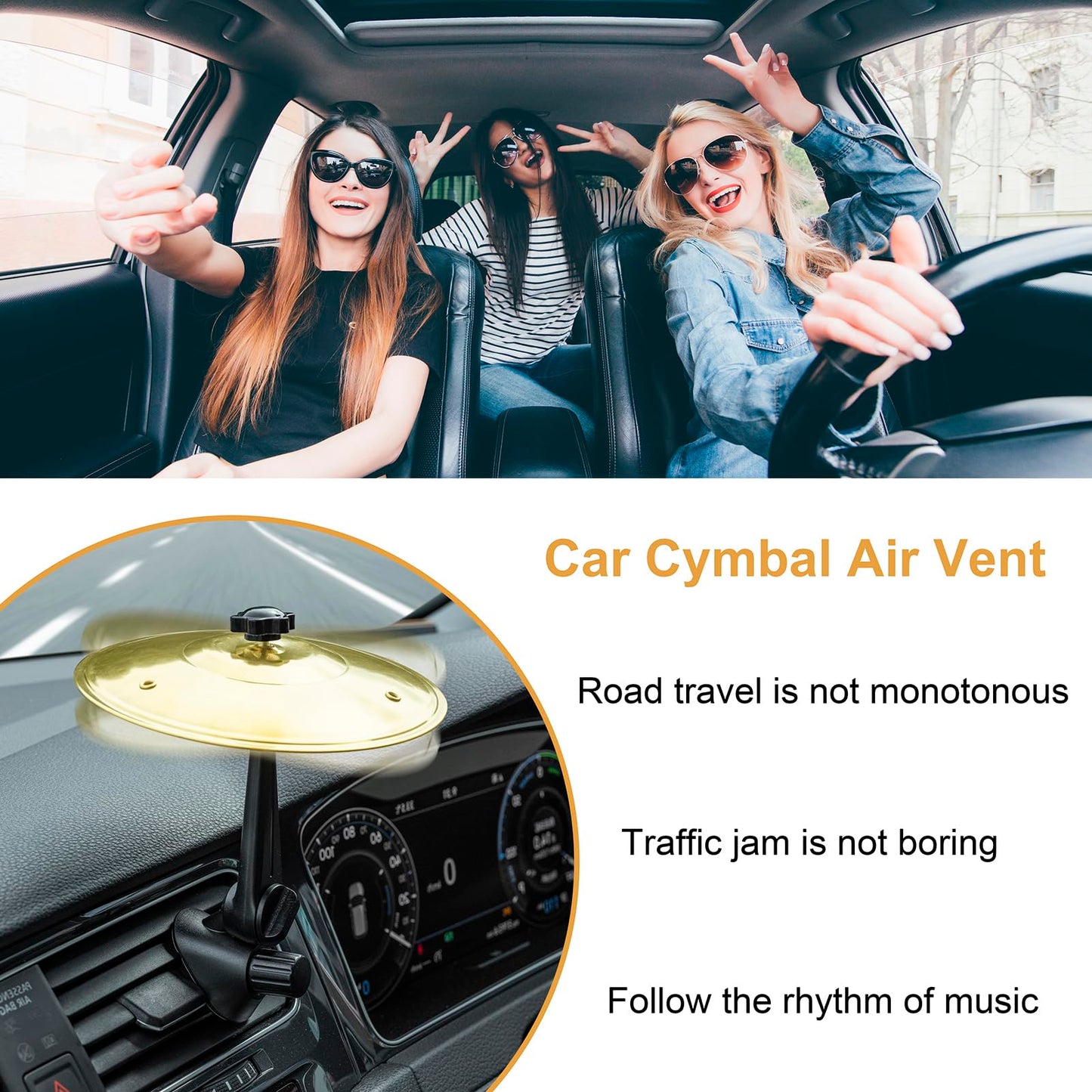 Mini Car Drum Cymbal For Car Air Vent (Gold) – Crash Cymbal Dashboard Ornament Accessory for Musicians, Drummers, Music Lovers – Funny Auto Interior Gift for Men Women Teens