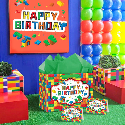 Hooqict Large Building Blocks Birthday Gift Bag Happy Birthday Gift Wrapping Bag with Handles, Tissue Paper, Greeting Card for Kids Boys Girls Building Bricks Theme Party Decorations Supplies