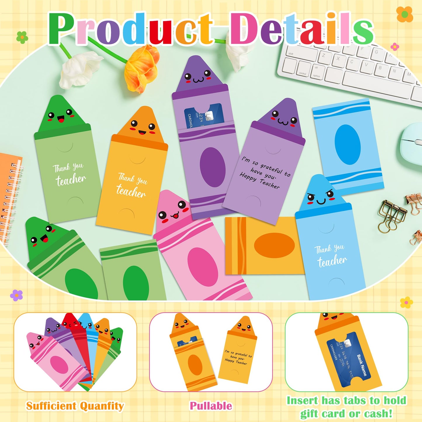 BWkoss Teacher Appreciation Gift Cards Holder- 24Pcs Crayon Theme Money Sleeves Thank You Cash Card Holders Ornaments for Teacher Appreciation Week End of Year Graduation Gifts