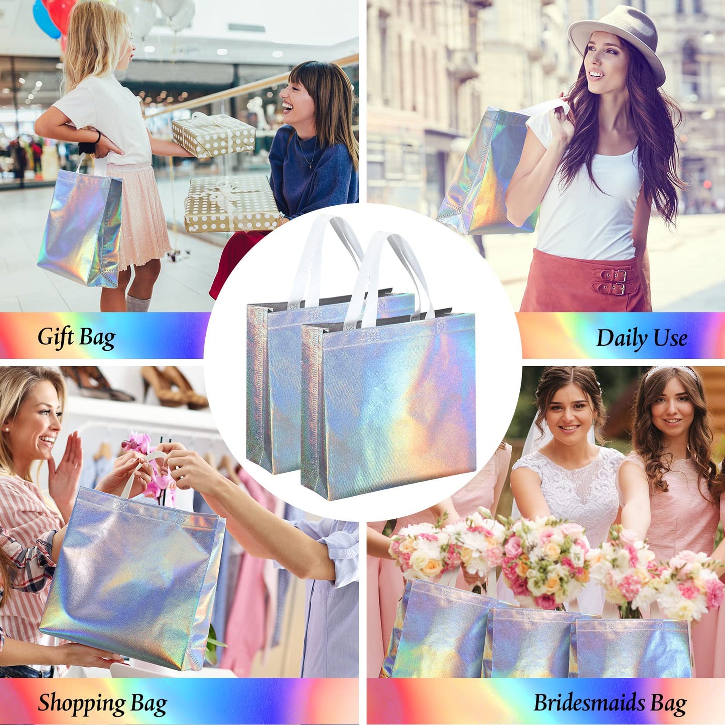 Eccliy 60 Pcs Reusable Gift Tote Bags Housekeeping Appreation Grocery Shopping Bag with Handles for Bridesmaid Wedding(Iridescent)