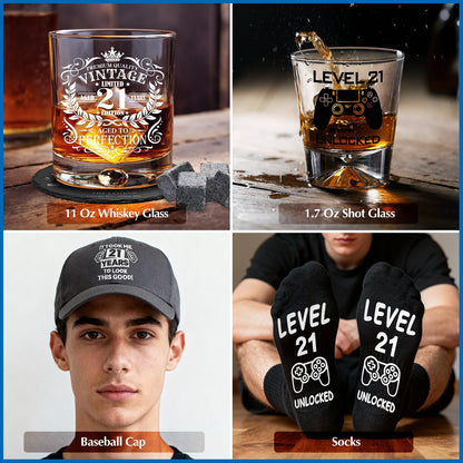 16 Pcs Happy 21st Birthday Gifts for Him, 21 Year Old Boy Birthday Party Gifts with 11 Oz Whiskey Glass 1.7 Oz Shoot Glass Coaster Hat Socks for Men, Son, Nephew, Grandson, Brother, Boyfriend, Friends