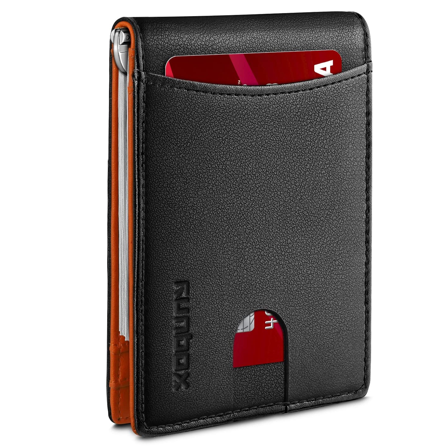 RUNBOX Slim Wallet for Men Genuine Leather RFID Blocking Bifold Minimalist Front Pocket Mens Wallet with Money Clip Thin Gift Box