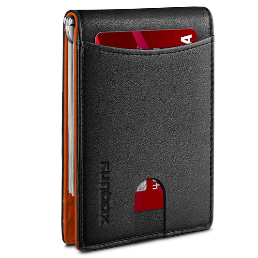 RUNBOX Slim Wallet for Men Genuine Leather RFID Blocking Bifold Minimalist Front Pocket Mens Wallet with Money Clip Thin Gift Box