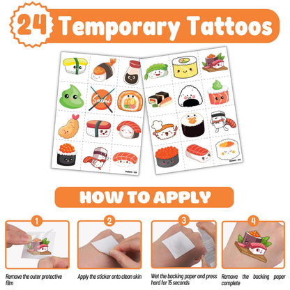 48PCS Sushi Party Set - 24PCS Temporary Pre - cut Tattoos & 24PCS Slap Bracelets - Fun Food-Themed Birthday Supplies, Baby Shower Gifts, Classroom Rewards & Party Decor for Kids (Boys & Girls)