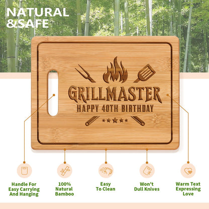 40th Birthday Gifts for Men, Grillmaster - 11x8.5 Inch Engraved Bamboo Cutting Board, Happy 40 Year Old Birthday Gifts for Men Friend Dad Husband Friend, Cool Present for 40th Birthday