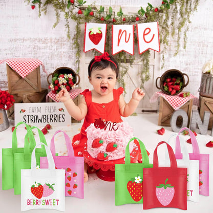 20Pcs Strawberry Party Favor Bags, Strawberry Party Decorations Strawberry Non-Woven Candy Goody Treat Bag for Strawberry Fruit Theme Baby Shower Sweet One Strawberry Birthday Wedding Snack Gifts Bags