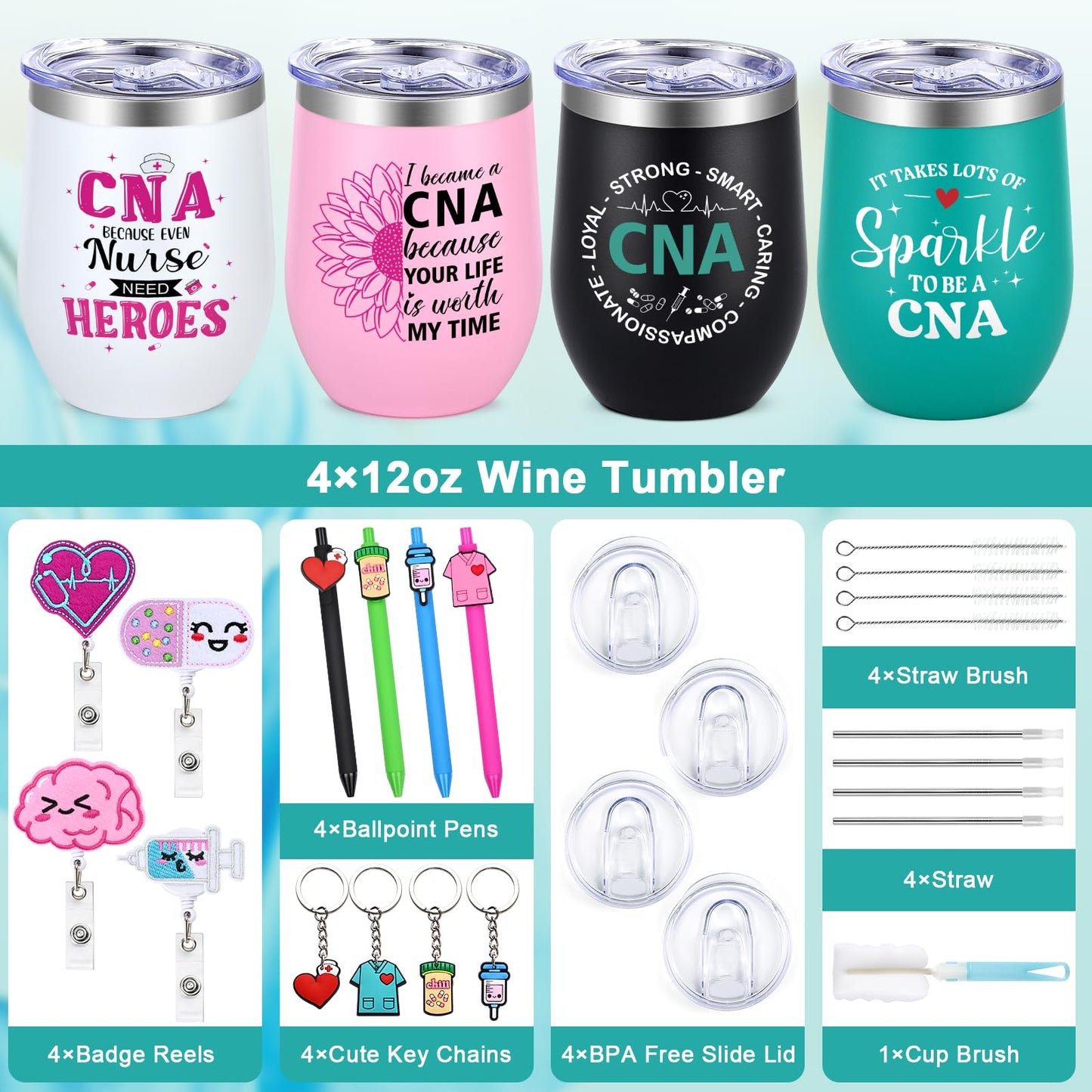 Lifecapido CNA Week Gifts Bulk 2026, 4 Pack 12oz Insulated Wine Tumblers with Badge Reels, Ballpoint Pens and Keychains, CNA Gifts for Certified Nursing Assistants Women